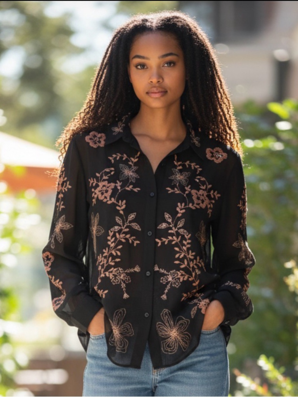 Sheer Women's Large Blouse All Over Floral Embroidered Whimsigoth Black Button